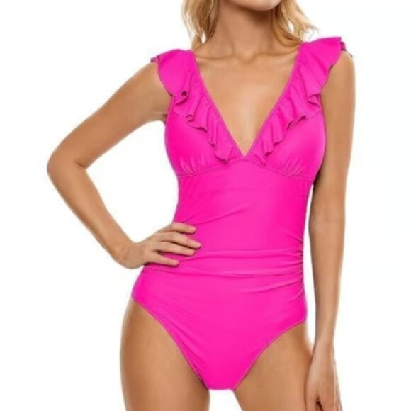 V-Neck One Piece Ruffled Tummy Control Swimsuit Size Med NWT #M-094 - Picture 3 of 3